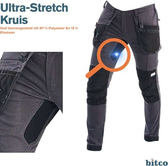 BITCO- SAUER -Stretch Black Work Pants Men Poches genouillères hydrofuges et oléofuges Renforcé en Water