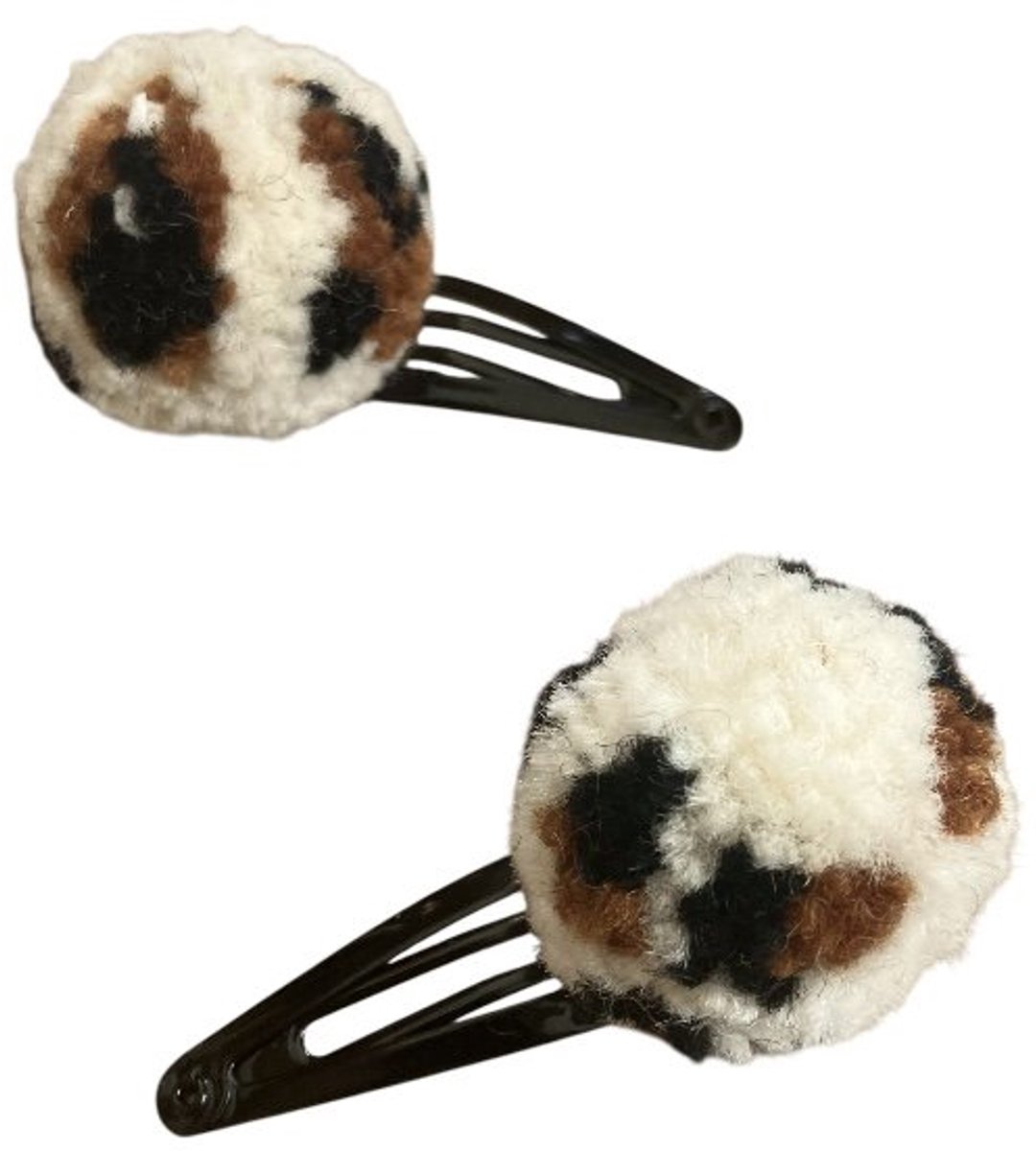 Luna-Leena duurzame haarspeldjes pom pom (set) - leopard ( luipaard print ) - soft wool - klik klak speld zwart - handgemaakt in Nepal - pom pom hair clips - tijger print - haar accessoires - cadeau - feest - verjaardag - sieraad