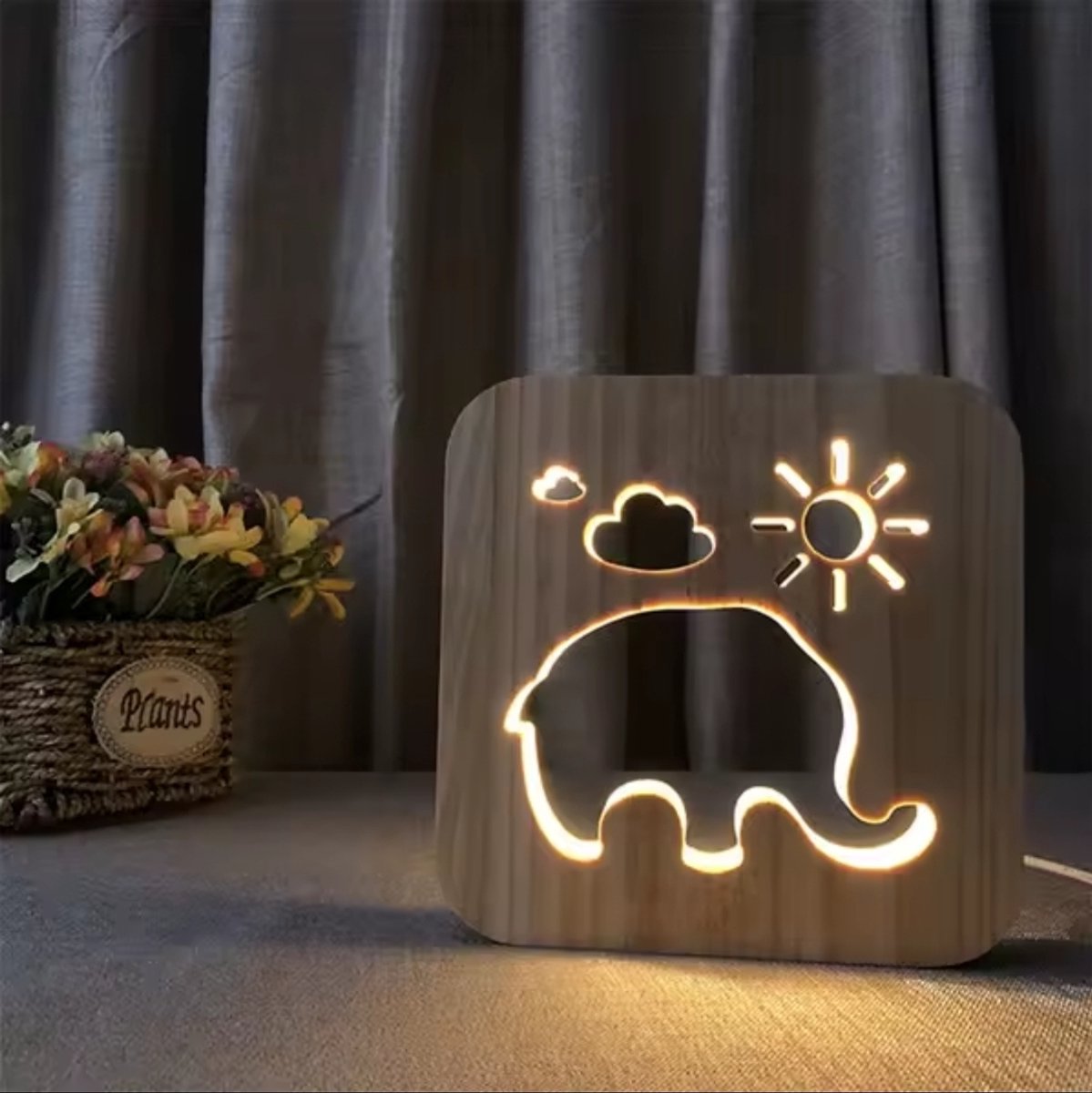 Nachtlamp Olifant Kinderen - Houten LED Lamp Jungle - Babykamer & Kinderkamer - Decoratie en Verlichting