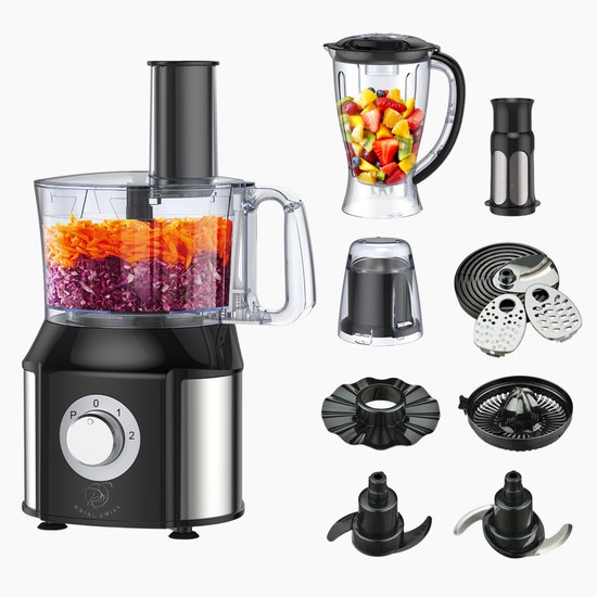 Royal Swiss® YT-FP01 – 10 in 1 Foodprocessor – 550 W – RVS Behuizing – 1,5 L Blender & 1 L Kom – 2 Snelheden + Pulse – Multifunctioneel Keukenapparaat