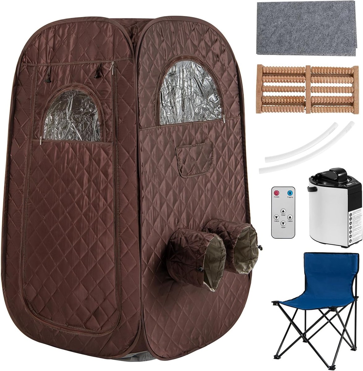 COSTWAY Draagbare stoomsauna, thuissauna voor 1-2 personen met 3 liter stoomgenerator, timer, afstandsbediening, voetmassageapparaat en klapstoel, saunatent zitsauna voor thuis, 89 x 89 x 149 cm