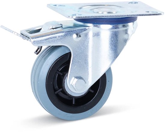 Roulette pivotante en caoutchouc Grijs avec frein et plaque supérieure - 80 mm - 60 kg - Sans traces