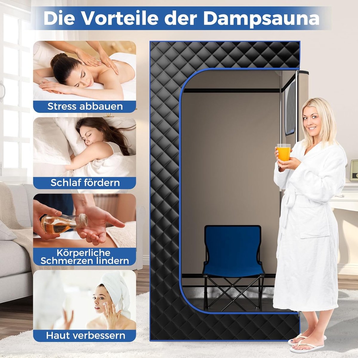 COSTWAY Stoomsauna, thuissauna voor thuis, full-body saunabox met 3-liter stoomgenerator, afstandsbediening, voetmassageapparaat en klapstoel, draagbare saunatent 91 x 91 x 183 cm (zwart) thumbnail 3