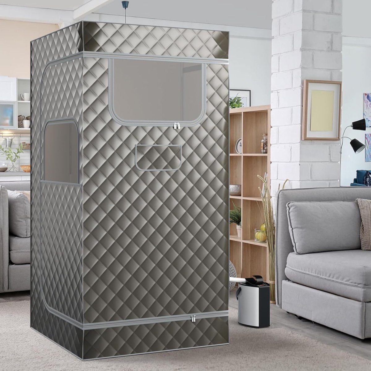 COSTWAY Stoomsauna, thuissauna voor thuis, full-body saunabox met 3-liter stoomgenerator, afstandsbediening, voetmassageapparaat en klapstoel, draagbare saunatent 91 x 91 x 183 cm (grijs) thumbnail 6