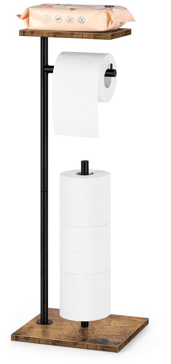 Azomor® Vrijstaande toiletrolhouder met opbergruimte en rustieke bruine afwerking