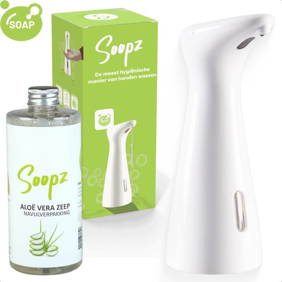 Wit automatische zeepdispenser, navulverpakking aloë vera zeep en de verpakking.