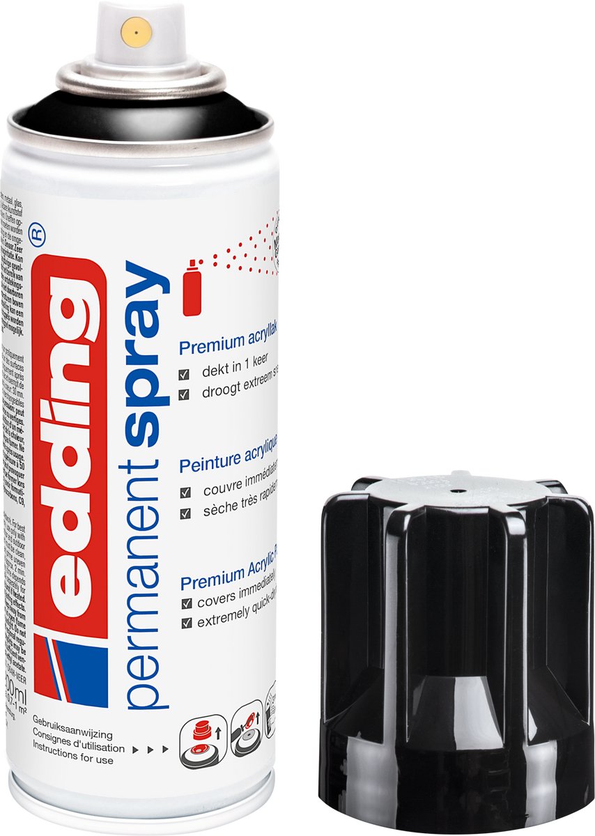 edding 5200 spuitverf in spuitbus - diepzwart glanzend - 1 stuk - 200 ml verf - direct dekkend – 0,7-1 m2 oppervlak - acrylverf voor het lakken en versieren van glas, metaal, hout, keramiek, kunststof, canvas - permanent spray, verfspray