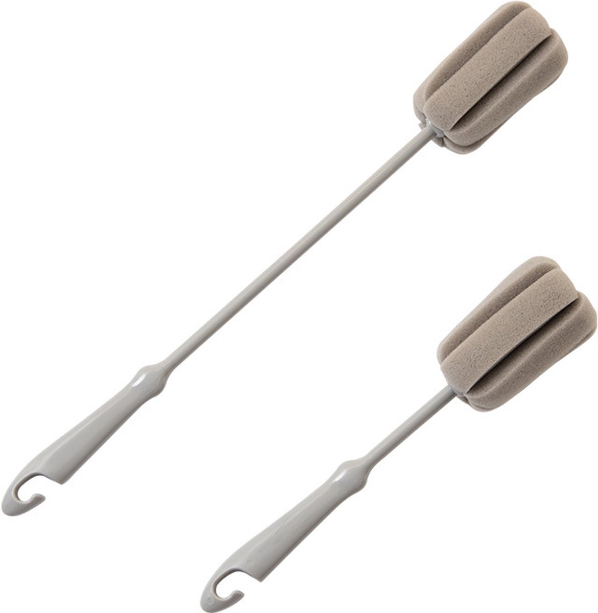 Image of 2-pack zachte sponsborstels voor het reinigen van flessen, grijze kunststof handgreep voor wijnglas, wasborstel voor vaas en pot met haakje zonder sporen