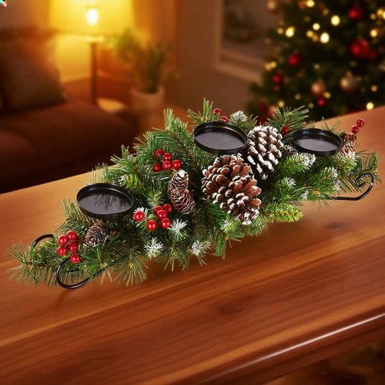 Bougeoir décoratif Meedeer avec 3 Chandeliers- Bougeoir de Noël - Support pour 3 bougies - Avec aiguilles et pommes de pin - Convient pour Noël, les anniversaires et les mariages (Zwart)