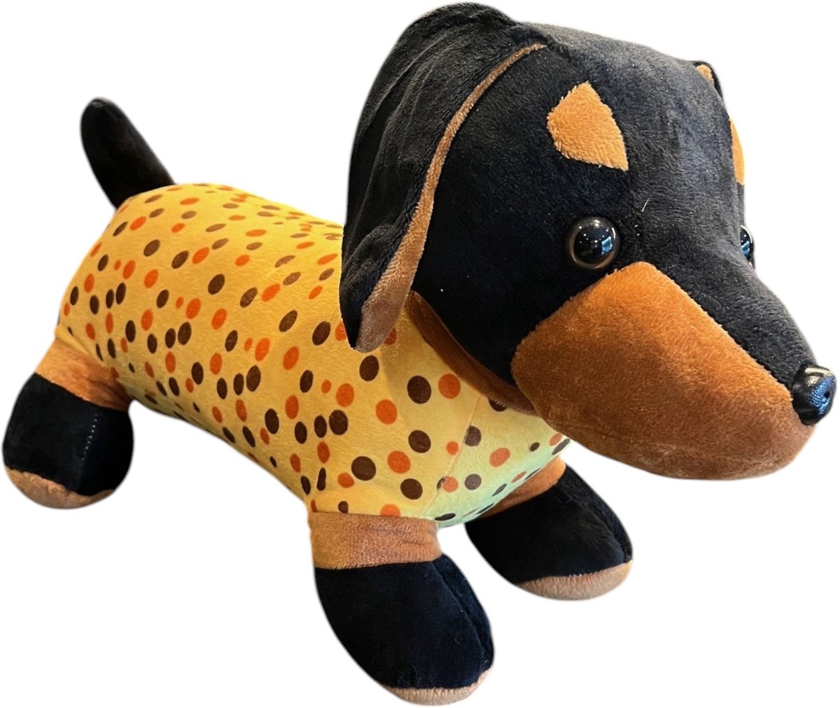 Teckel - Knuffel - Pluche - Pluche hond - Hond - Zwart - Geel - Teckel pyjama - Knuffeldier - Teckel knuffel - Pluche teckel - 40x26cm