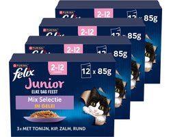 Felix Elke Dag Feest in Gelei Junior Mix Selectie- Kattenvoer Natvoer - Tonijn Zalm Rund & Kip - 48 x 85 g
