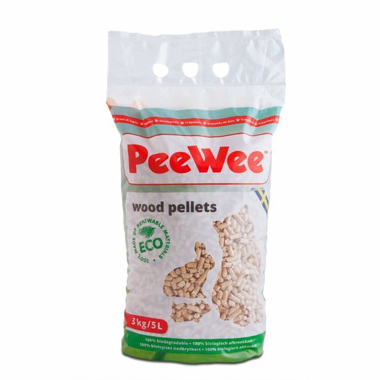 Zak PeeWee houtpellets voor kattenbakvulling, 3kg/5L. Bevat afbeeldingen van konijnen en katten.
