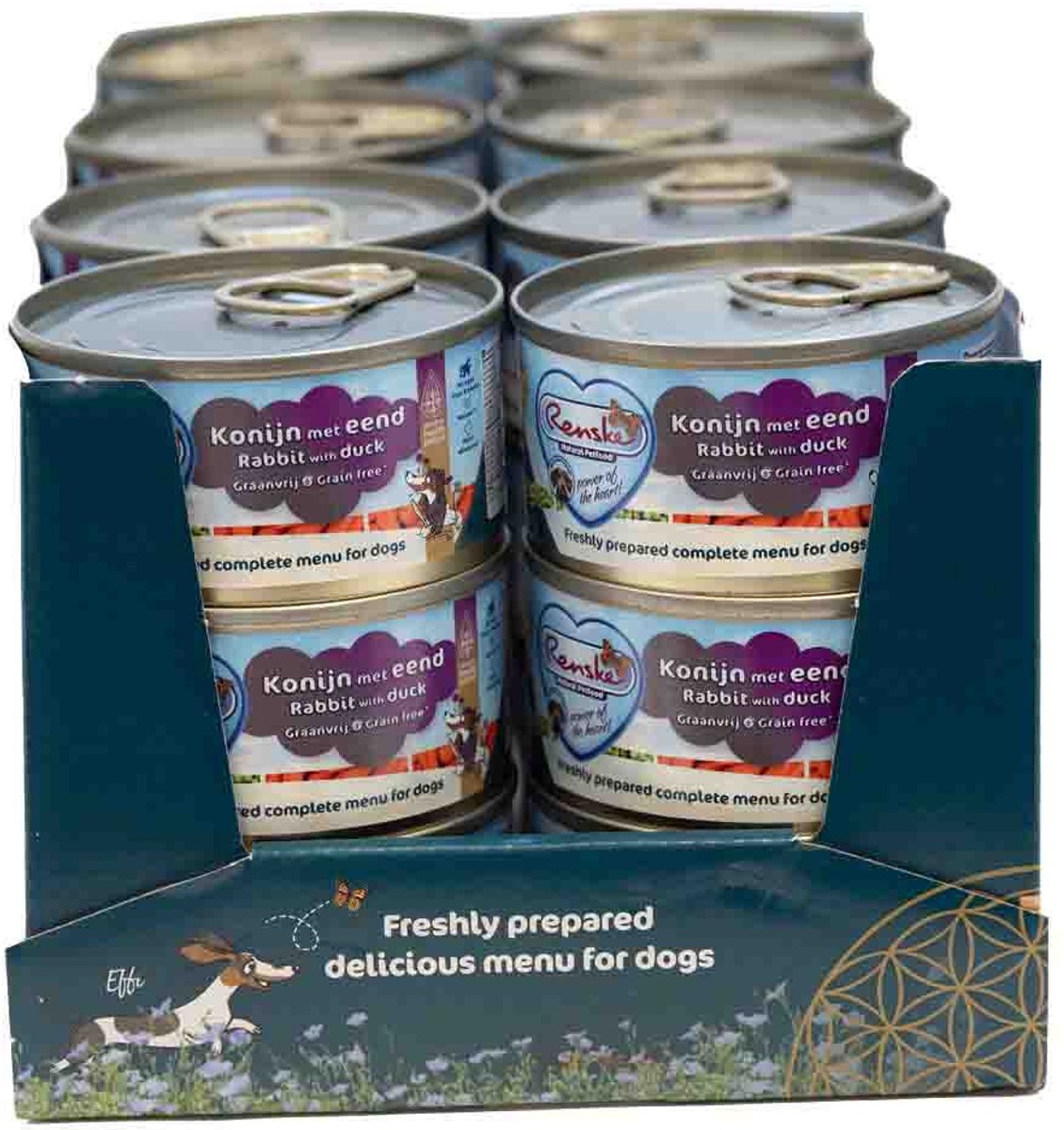 Renske konijn met eend graanvrij hypoallergeen nat hondenvoer (blik 95 gr) 2 trays (48 x 95 g)