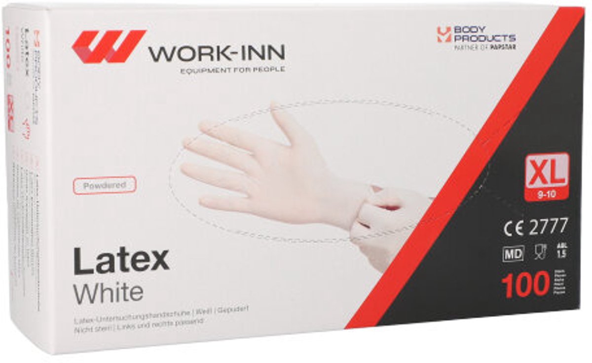 100 WORK-INN Handschoenen Latex gepoederd White wit/natuur Maat: XL