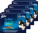 Felix Dubbel Zo Lekker Vis Selectie in Gelei. Vier kartonnen dozen met een zwarte kat met witte vlekken die uit een doos steekt.