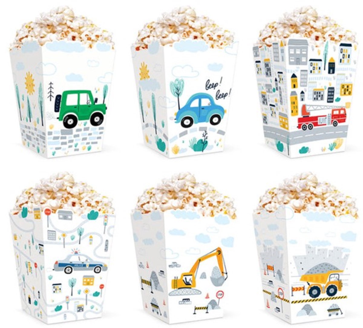 Voertuigen Popcorn Bakjes - 6 stuks.