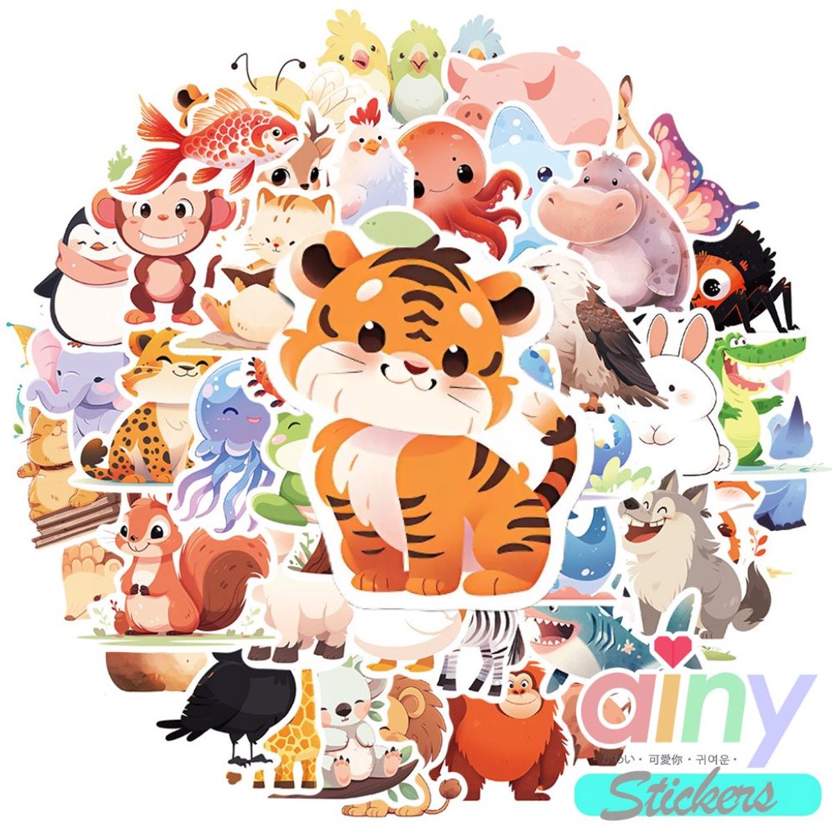 Ainy Cute Dieren Stickers 50 stuks voor bullet journal, fotoalbum, wenskaarten, laptop, telefoon, waterfles, ook geschikt als muursticker, geschenksticker, skateboard Stickers, graffiti stickers, knutselen stickervellen voor kinderen / volwassenen