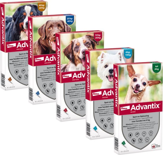 Verschillende honden van klein tot groot met Advantix verpakkingen, gewichtsindicaties 4kg-6kg tot 40kg.