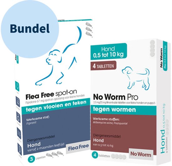 Bundel: Flea Free spot-on en No Worm Pro tabletten voor kleine honden (0,5-10 kg).