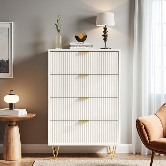 Meuble de rangement 4 tiroirs | Commode en Tissus avec cadre en métal et bois | Pour la chambre, le salon ou le couloir