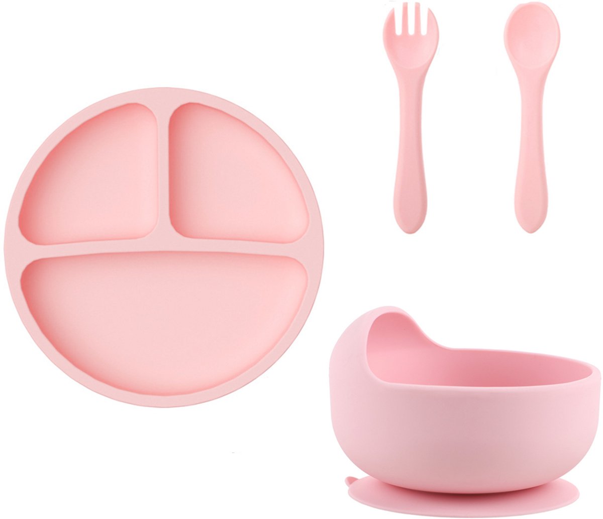 Image of 3-Delig Kinderservies Set Siliconen - Met Zuignap - Inclusief Bord, Vork, Lepel En Kom - Bpa-Vrij - Bordjes Met Zuignap - Anti-Slip - Baby Servies - Siliconen Voedingsset - Uperieure Kwaliteit Siliconen - Magnetron-, Oven- & Vaatwasserbestendig