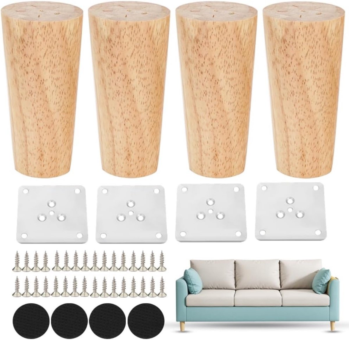 TOVBMUP 4 Stuks Meubelpoten - Houten Tafelpoten - Konische Meubelvoetjes 10 cm - Geschikt voor Bank Bed Kast Stoel Tafel - Stevig Duurzaam Hout tot 300 kg - Incl. Montageplaten Antislip Onderleggers en Schroeven