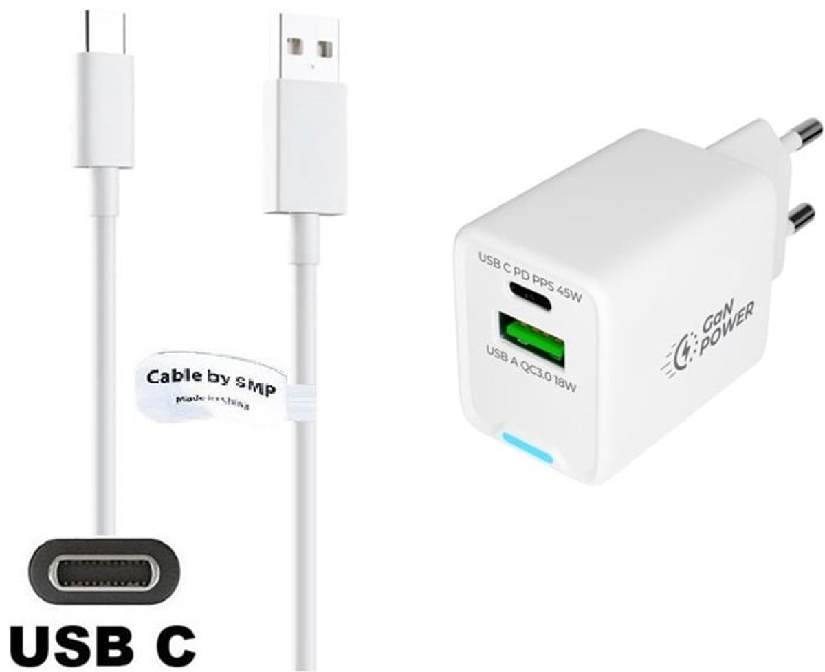 OneOne 45W super snellader met 2 poorten + 1,5m sterke USB C kabel. PD lader. Oplader adapter past op Sony Xperia Pro, Pro 1 / Pro-I, Pro 2, L1, L2, L3, L4