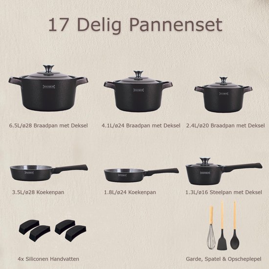 Zwarte pannenset van 17 delig met deksels en accessoires.