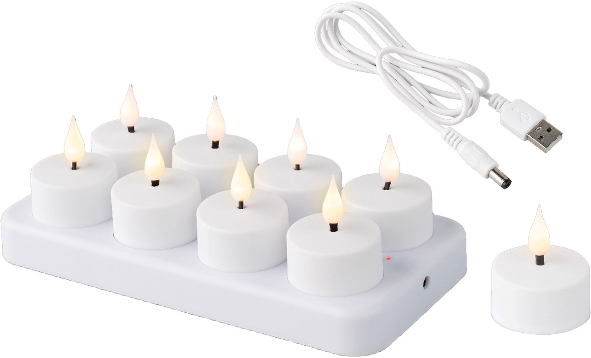 Lumineo Oplaadbare LED theelichtjes/waxinelichtjes - 8x st - wit - D4 cm - kaarsen - oplaadstation - met USB kabel