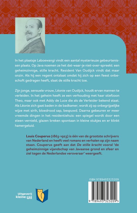 Portret van Louis Couperus met snor en baard, op de achtergrond een oranje patroon.