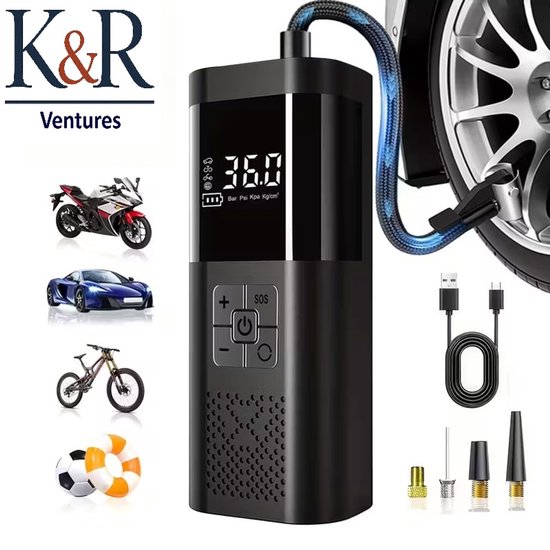 K&R Elektrische Fietspomp - Luchtcompressor - Bandenpomp - Ballenpomp - Voor Fiets, Scooter & Auto - met LED verlichting en digitale display - compact - usb oplaadbaar van Merkloos — afbeelding 2