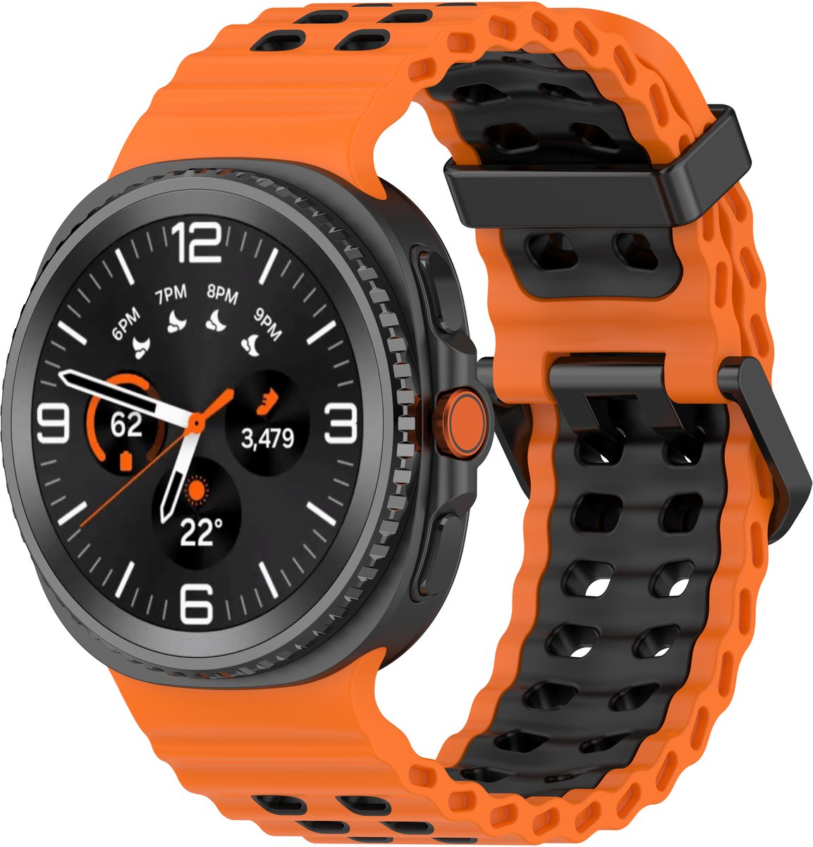 Stravo Ocean Siliconen Bandje met Gespsluiting - Geschikt voor Samsung Galaxy Watch 8 - 40mm / Galaxy Watch 8 - 44mm / Galaxy Watch 8 Classic 46mm - Ademend & Waterdicht Sport Horlogebandje voor Samsung Galaxy Watch 8 - Oranje/zwart