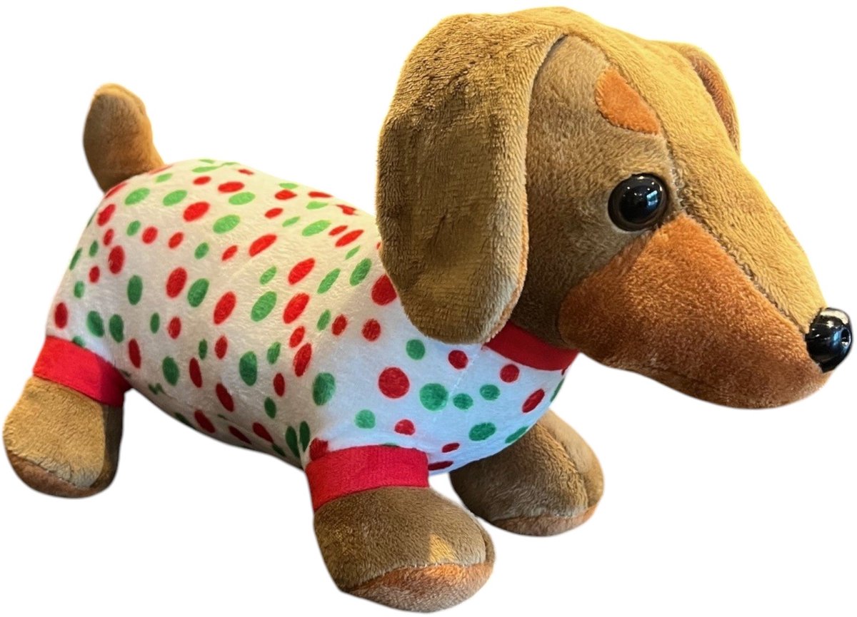 Teckel - Knuffel - Pluche - Pluche hond - Hond - Bruin - Rood - Wit - Teckel pyjama - Knuffeldier - Teckel knuffel - Pluche teckel - 30x17cm