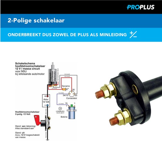 Elektrisch schema van een 2-polige hoofdstroomschakelaar met aansluitingen.
