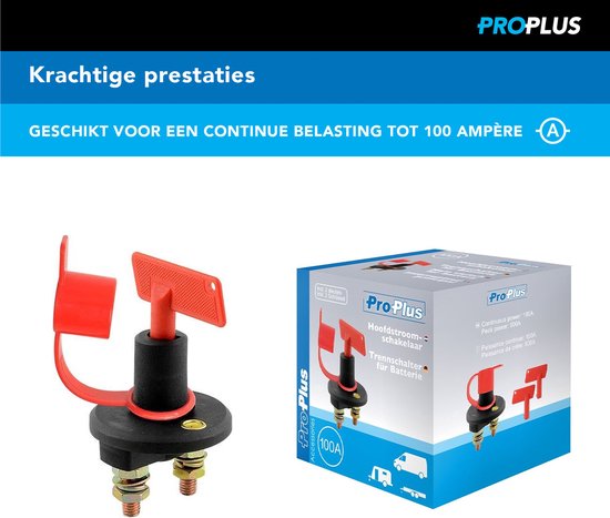 ProPlus hoofdstroomschakelaar met rode dop en een productverpakking ernaast.