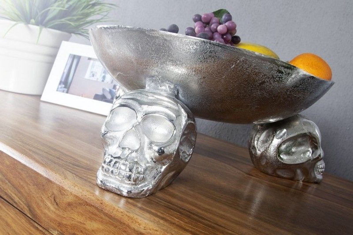 Design fruitschaal SKULL 35cm zilveren aluminium schedelschaal - 22917