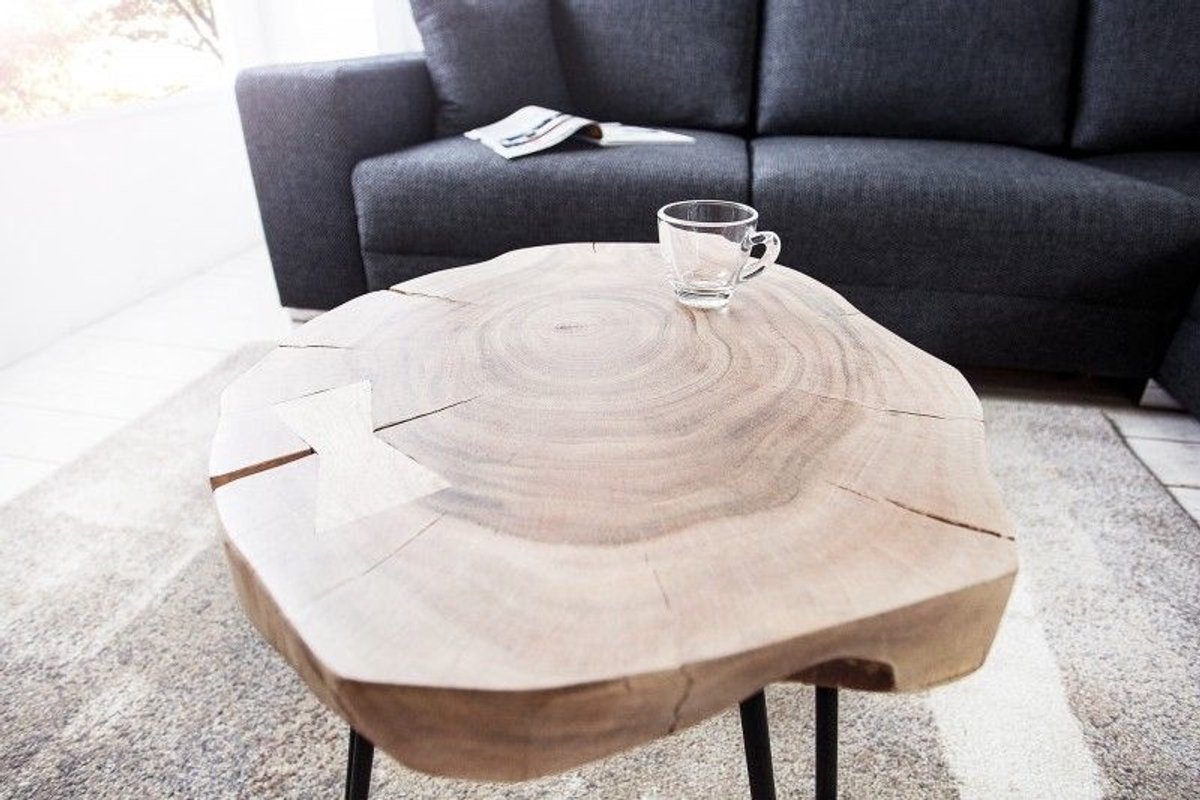 Massief houten bijzettafel GOA 40cm acaciaboomstam boomschijf metalen poten haarspeldpoten - 36707