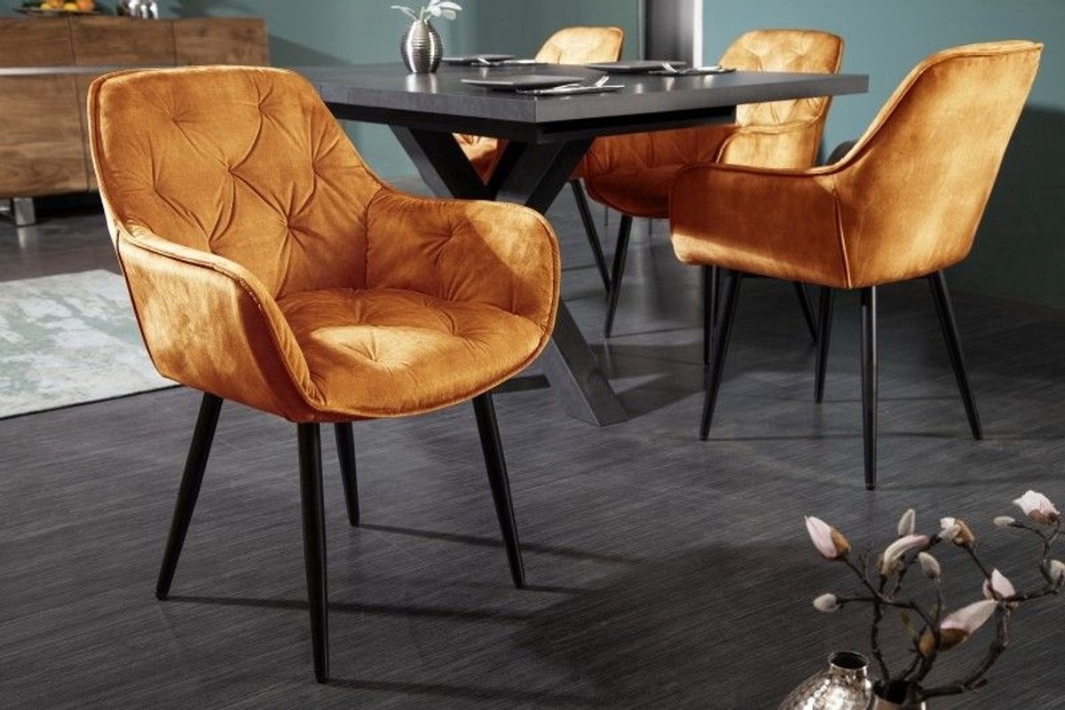 Invicta Interior Design stoel MILANO mosterdgeel fluweel met Chesterfield quilting - 41179 Zie omschrijving
