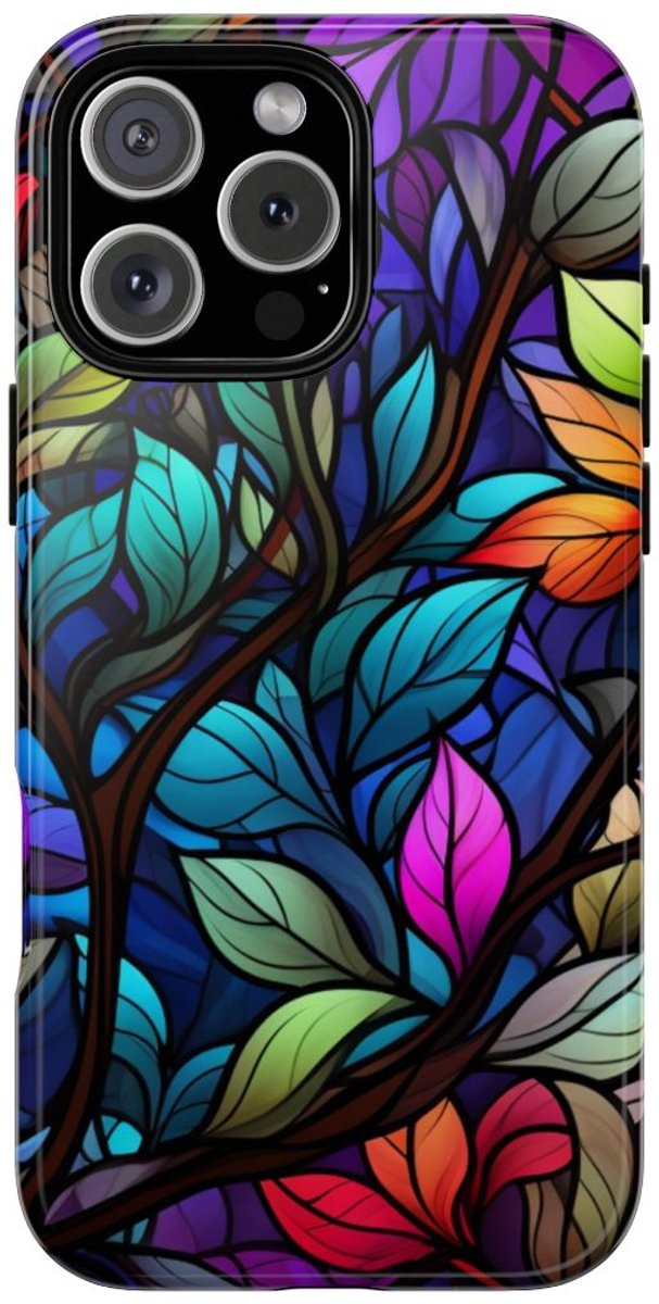 Kleurrijk Glas-in-Lood Bladerenpatroon – Telefoonhoesje Geschikt voor iPhone 16 Pro Max