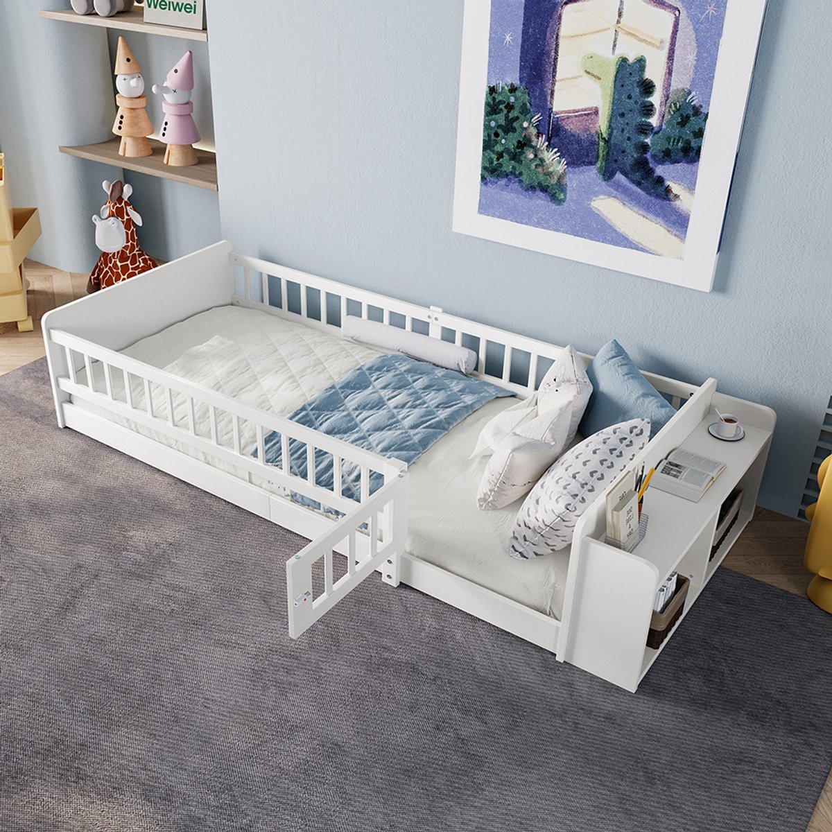 KOMHTOM Houten bed, kinderbed, 90 x 200 cm, grenenhout, open opbergruimte, planken, open structuur, zonder matras, wit