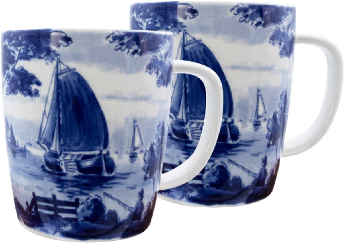 Grote Mok met oor - Set van 2 - 400 ml - Delfts blauw mok - Royal Delft - Nederland - Hollandse cadeautjes - Theemok groot - Koffiemok XL