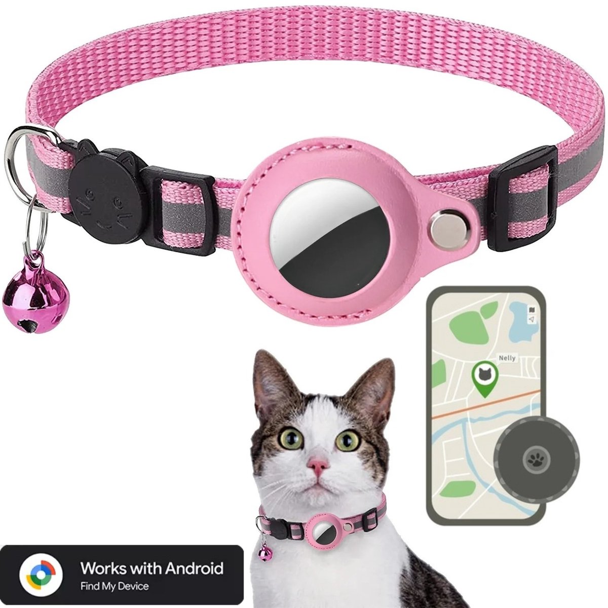 BlueTime ® - Kattenhalsband inclusief Tag - Halsband Kat & Kitten met Kattenbelletje - Gps Tracker Kat zonder Abonnement - Geschikt voor Android Find My Device - Kattenbandje, Poes, Kattenriem air & Tuigje met Houder - Roze