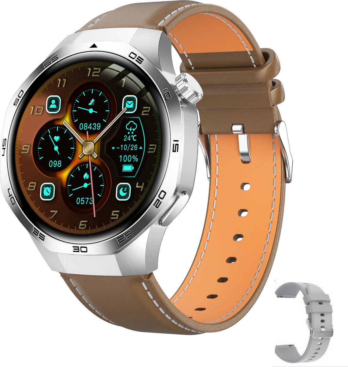 Knobbout 1.53" Scherm Stijlvolle Sport Smartwatch – NFC- Kompas, Hoogtemeter, Barometer-Bluetooth Bellen - Draadloos Opladen - hartslag, bloeddruk, zuurstofgehalte (SpO₂) - AI Assistent - medicatie innemen alert - Bruin Leren + Siliconen Band