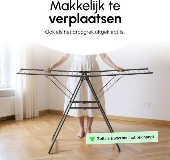 Een vrouw in een witte jurk verplaatst een zwart droogrek. Tekst: 'Makkelijk te verplaatsen', 'Ook als het droogrek uitgeklapt is' en 'Zelfs als was het rek hangt'.
