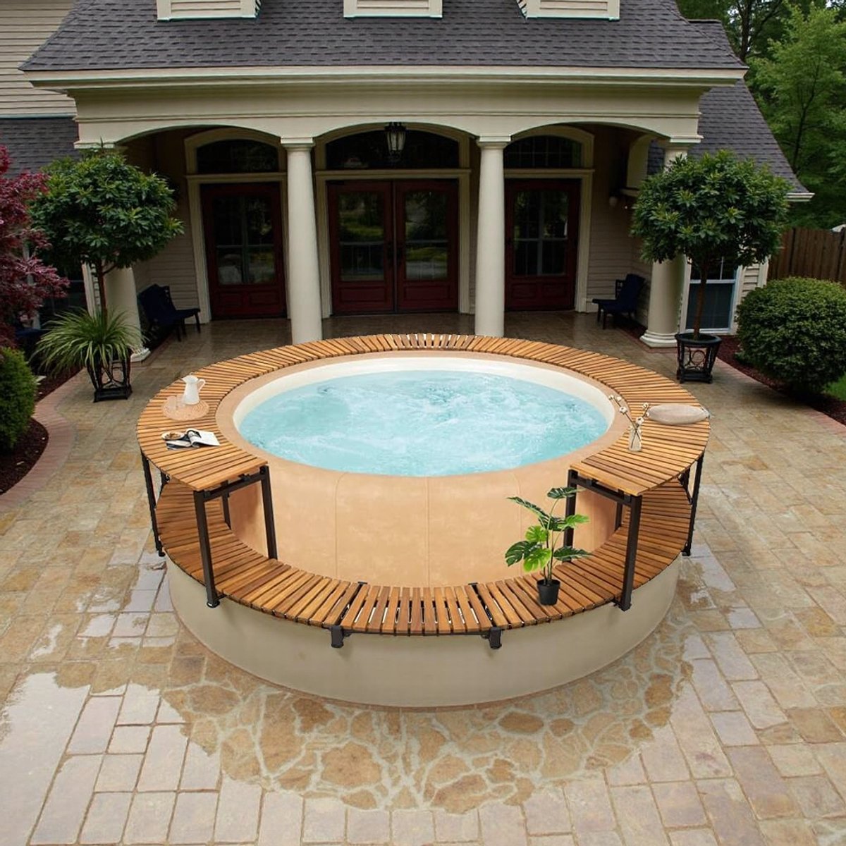 Whirlpool Omranding – Weerbestendige Pool Border van Polyrattan & Acaciahout, 273 x 53 cm, Beige, Luxe Jacuzzi & Spa Surround met Zitcomfort en Kussens, Poedergecoat Stalen Frame HomeByNicole Whirlpool Omranding – Weerbestendige Pool Border van Polyrattan & Acaciahout, 273 x 53 cm, Beige, Luxe Jacuzzi & Spa Surround met Zitcomfort en Kussens, Poedergecoat Stalen Frame HomeByNicole