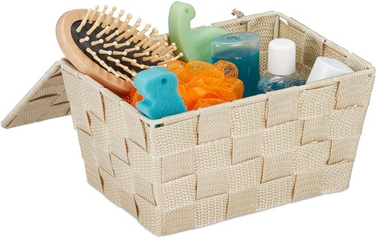 Relaxdays 3x panier de rangement avec couvercle - panier d'armoire - plastique - panier pour salle de bain - beige