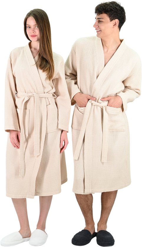 L&G - Unisex Sauna Badjas - 100% Katoen Wafel Badjas - M - Stone - Katoen wafel - Kimono - Wafel Badjas dames - Wafel Badjas heren - Badjas dames en heren