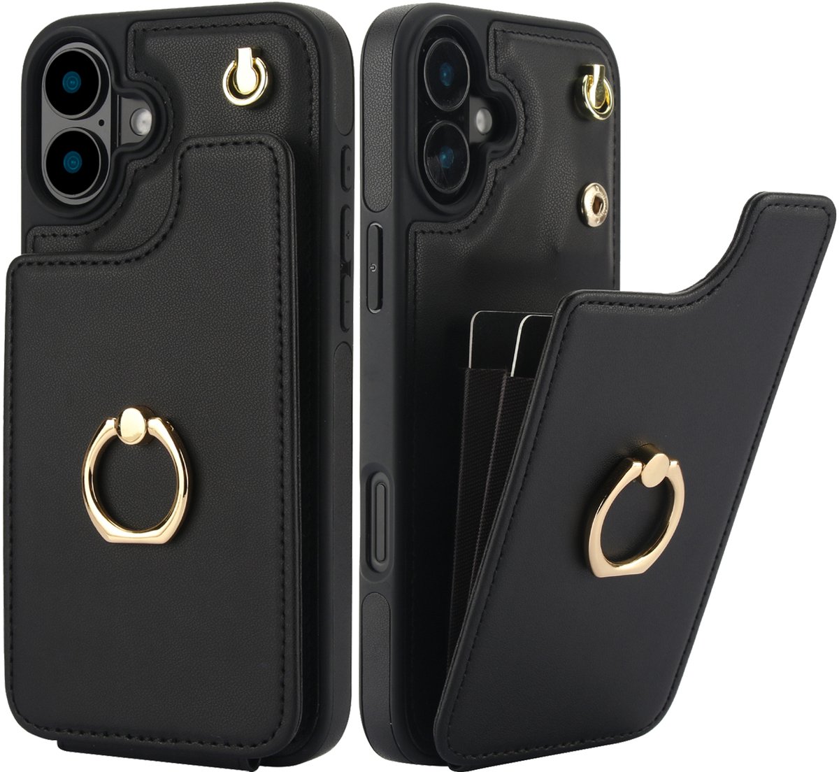 Luxe Hoesje met Portemonnee & Ringhouder – Geschikt voor Apple iPhone 15 – Zwart