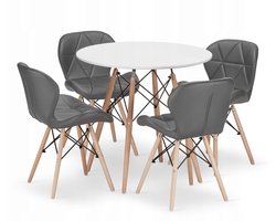 Set Ronde Eettafel TODI Ø80 cm Wit + 4 Eetkamerstoelen LAGO Grijs – Kunstleer - Eetkamerset – Eethoek – Scandinavisch Design - Compact en Modern – Geschikt voor Keuken, Eetkamer en Woonkamer