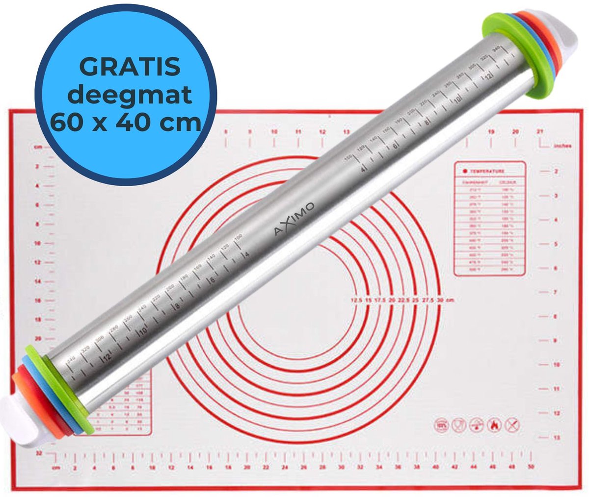 AXIMO Deegroller RVS verstelbaar met XL deegmat 60x40 cm - Fondantroller met siliconen XL bakmat - Antikleef - RVS Rolstok